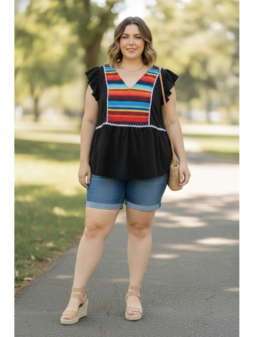 Bloomchic Plus Size Black Top with Colorful Crochet Detail